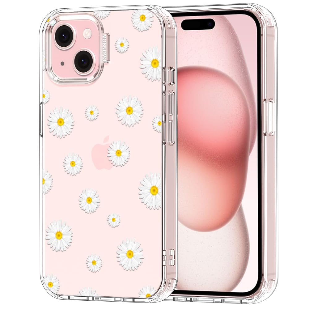 MOSNOVO Case for iPhone 15 Plus / 14 Plus [Buffertech 6.6ft Military-Grade Drop Protection] [Anti Peel Off Tech] Clear TPU Bumper Phone Case - White Daisy — image 1