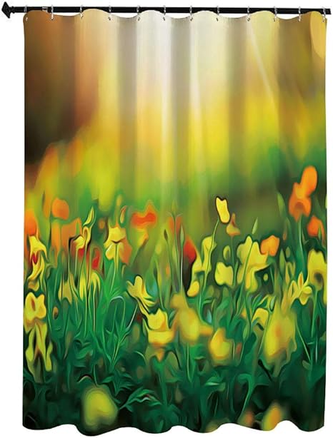 Amazon 朝の陽光の背景 セレクティブフォーカス に野生の草原の美しい花 自然の風景 シャワー カーテン 90 X 180cm 防水 防カビ 浴室 ホテル 高級 遮光 目隠し バス用品 間仕切り カーテンリング付き 取付簡単 シャワーカーテン ホーム キッチン オンライン通販