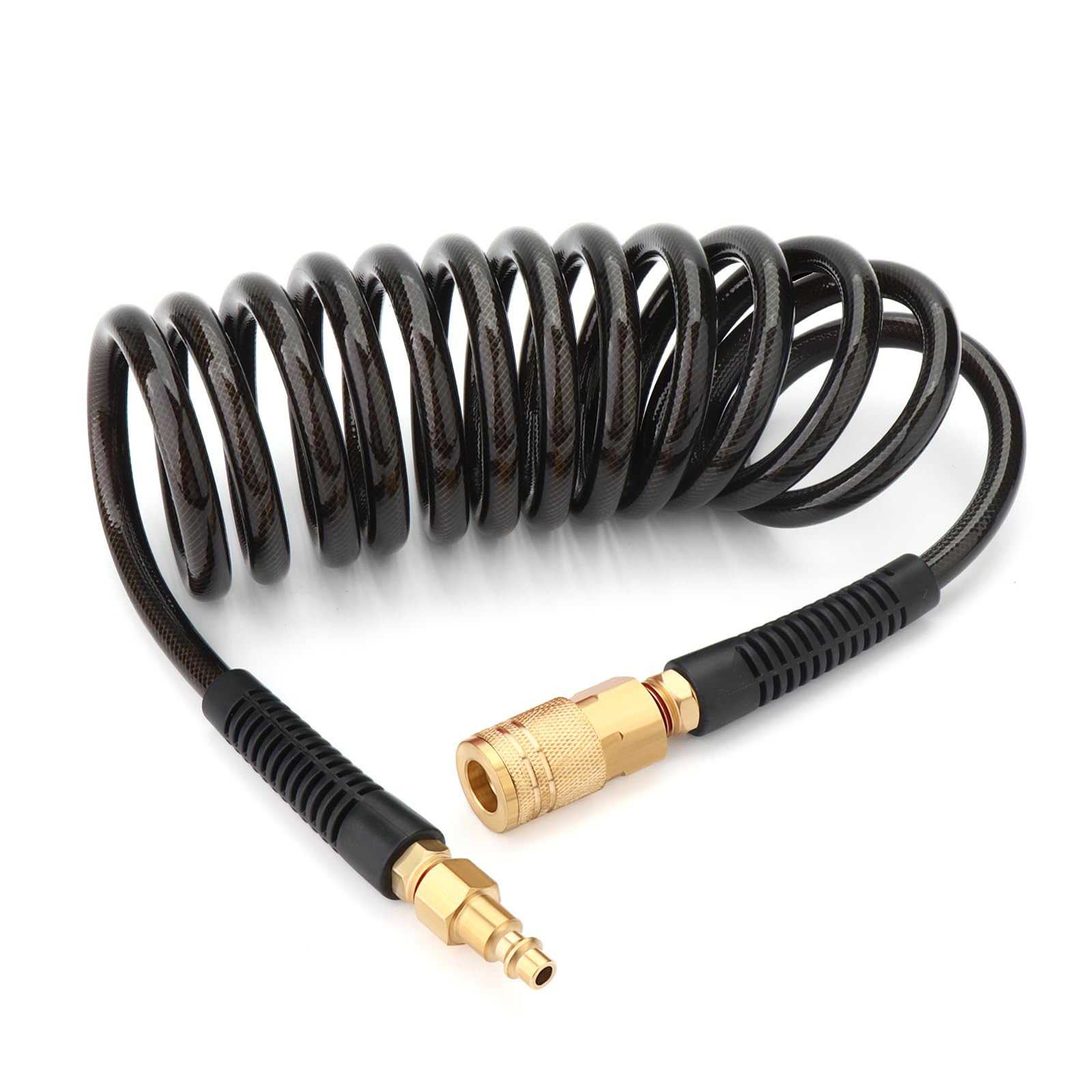 Photo 1 of GASHER 1/4" x 10FT Black Reinforced Polyurethane Recoil Air Hose with Bend Restrictor, 1/4" Industrial Quick Coupler and Plug
