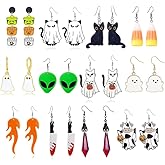 ONLYJUMP 12 Pairs Halloween Themed Earring set for Women Gothic Bat Black cat Funny Alien Earrings Acrylic Cute Ghost Pumpkin Bats Earring Halloween Jewelry Outfit Costumes Accessories