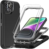 TFDSEUGH for iPhone 14 Case with 2Pcs Tempered Glass Screen Protector and 1Pcs Camera Lens Protector, Military Grade 3 in 1 Heavy Duty Shockproof/Drop Proof/Dust Proof Case (Black/Grey)