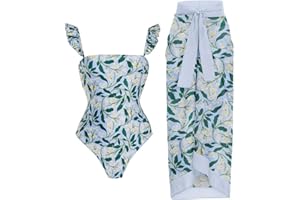 IDOPIP Women's One Piece Swimsuit with Beach Cover up Wrap Skirt Sarong Retro Floral Print Bikini Set Two Piece Bathing Suit