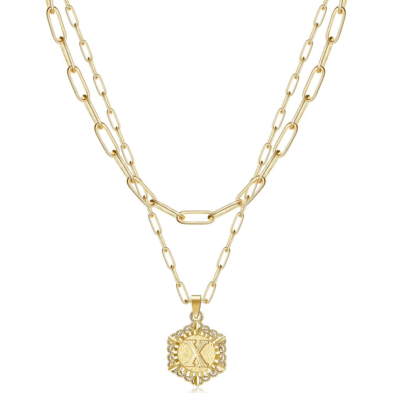 KissYan Initial Necklaces for Women, 14K Gold Plated Hexagon Letter Pendant Silver Chain Dainty Layered White Gold Paperclip Link Adjustable Capital A-Z Choker Necklace Trendy Jewelry Gifts