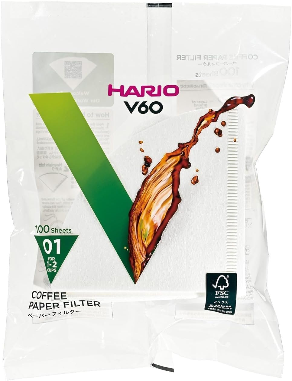 Hario V60 Paper Filters Size 01 White 100 Pack for Dripper