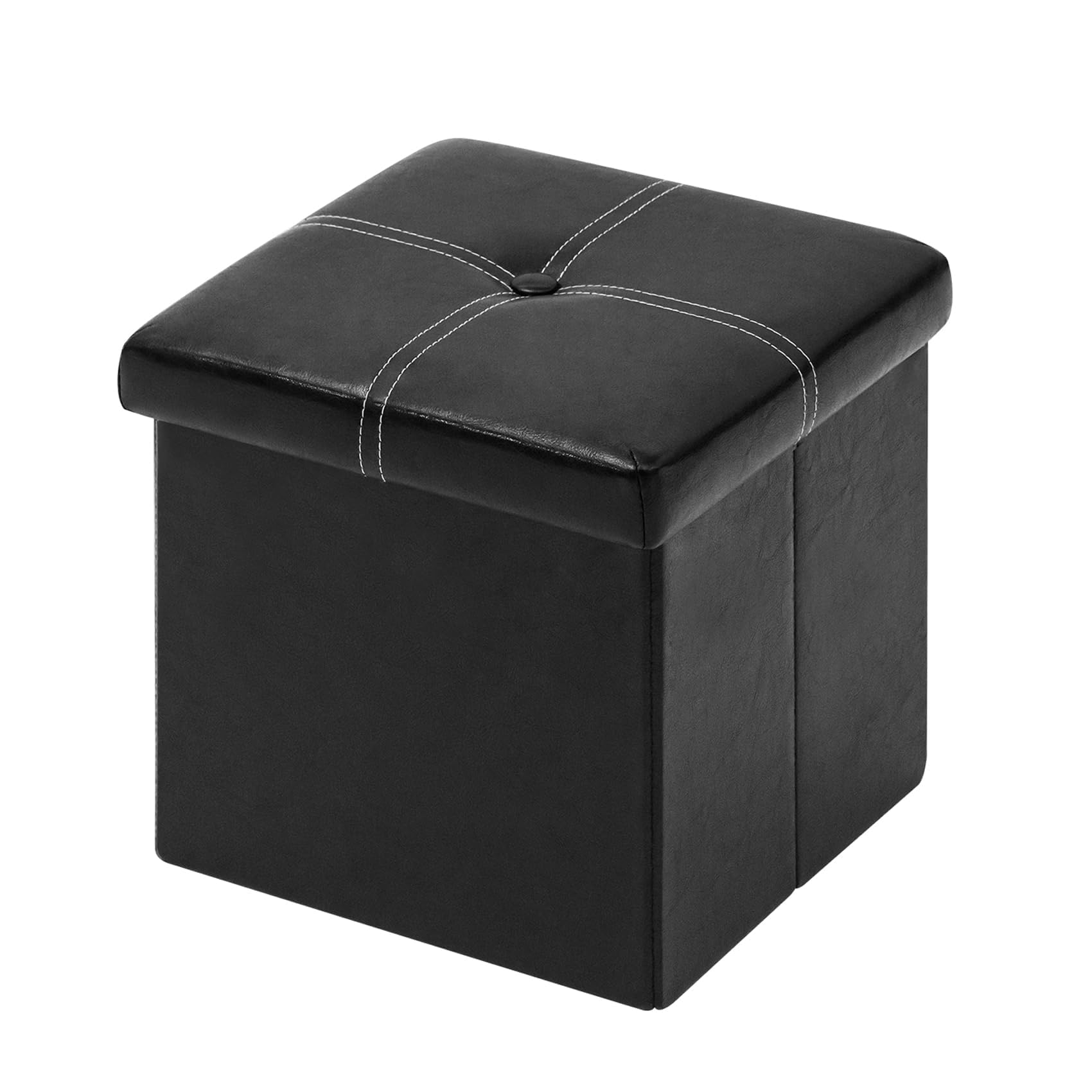 Bonlife Black Ottoman Storage Box with Lids Seat Faux Leather Folding Stools Cube Toy Chests for Kids bedroom Furniture Small Footstool 11.8 in(30cm)