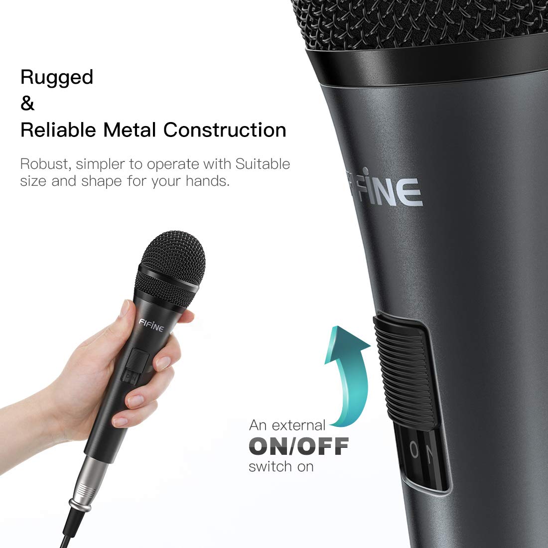 Fifine Karaoke Microphone, Dynamic Vocal Microphone for Speaker, 6.35MM Wired Handheld Mic with On and Off Switch and 14.8ft Detachable Cable-K6