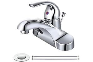 WOWOW Bathroom Faucet 1 Handle Low Arc Single Handle 4 inch Centerset Bathroom Sink Faucet with Lift Rod Drain Assembly Basin Mixer Tap Chrome Vanity Taps