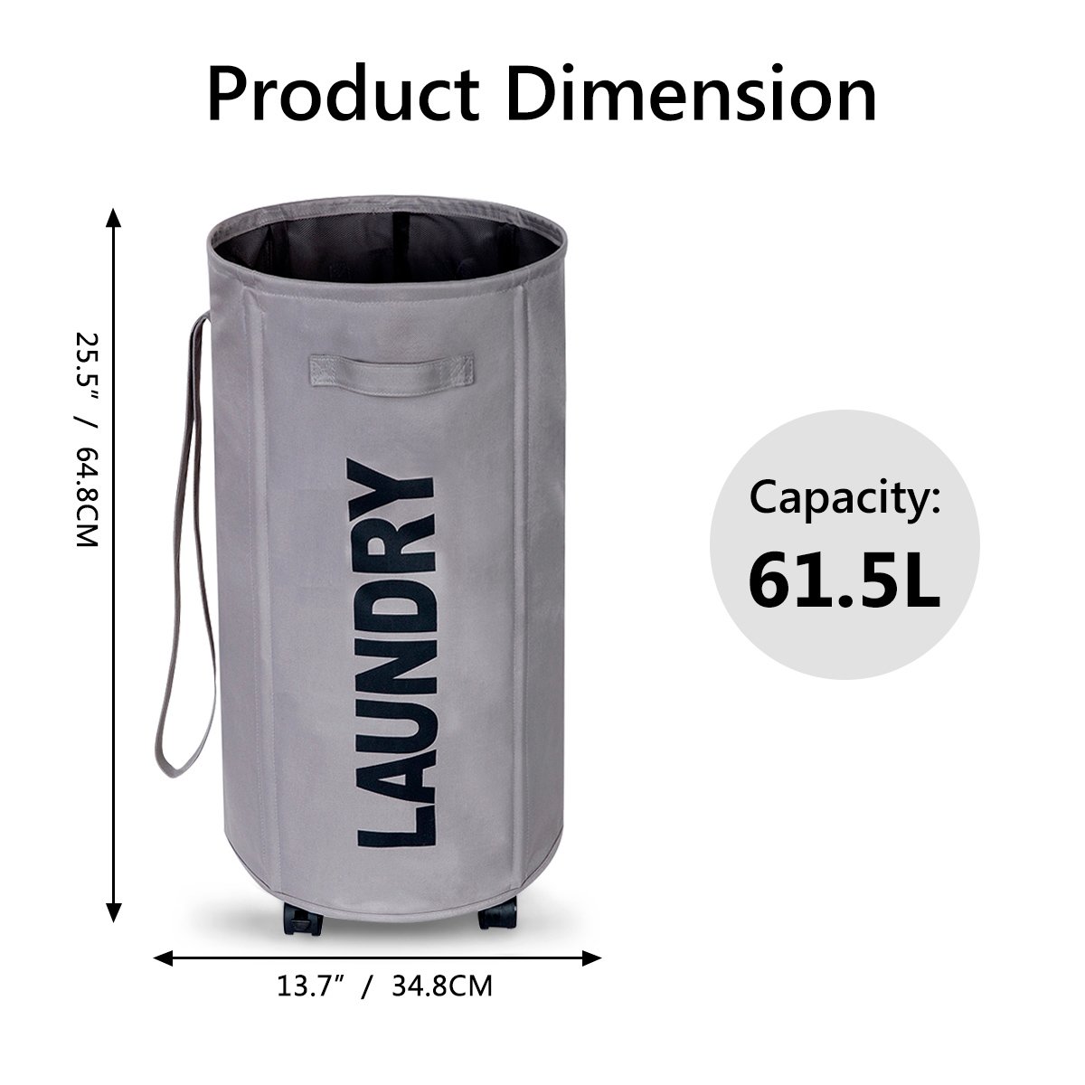 Chrislley Large Laundry Basket on Wheels Tall Round Rolling Laundry Hamper with Belt and Handle Foldable Laundry Bin Collapsible Laundry Collector and Organizer 61.5L (Gray)