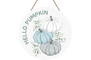 YUNKKIN Fall Door Decor Hello Pumpkin Door Sign Wooden Pumpkin Eucalyptus Leaves Door Hanger Blue White Pumpkin Decor Fall Door Wreath for Harvest Thanksgiving Farmhouse Porch Indoor Wall Home Decor
