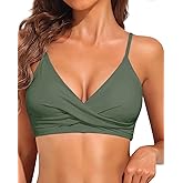 VividHarbor Women's Twist Front V Neck Bikini Top Padded Adjustable Spaghetti Straps Bathing Suit Tops Only