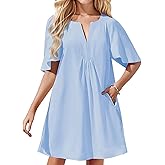 Kedera Womens Flutter Short Sleeve Mini Dress Casual V Neck Loose Flowy Summer Dresses Light Blue, Large