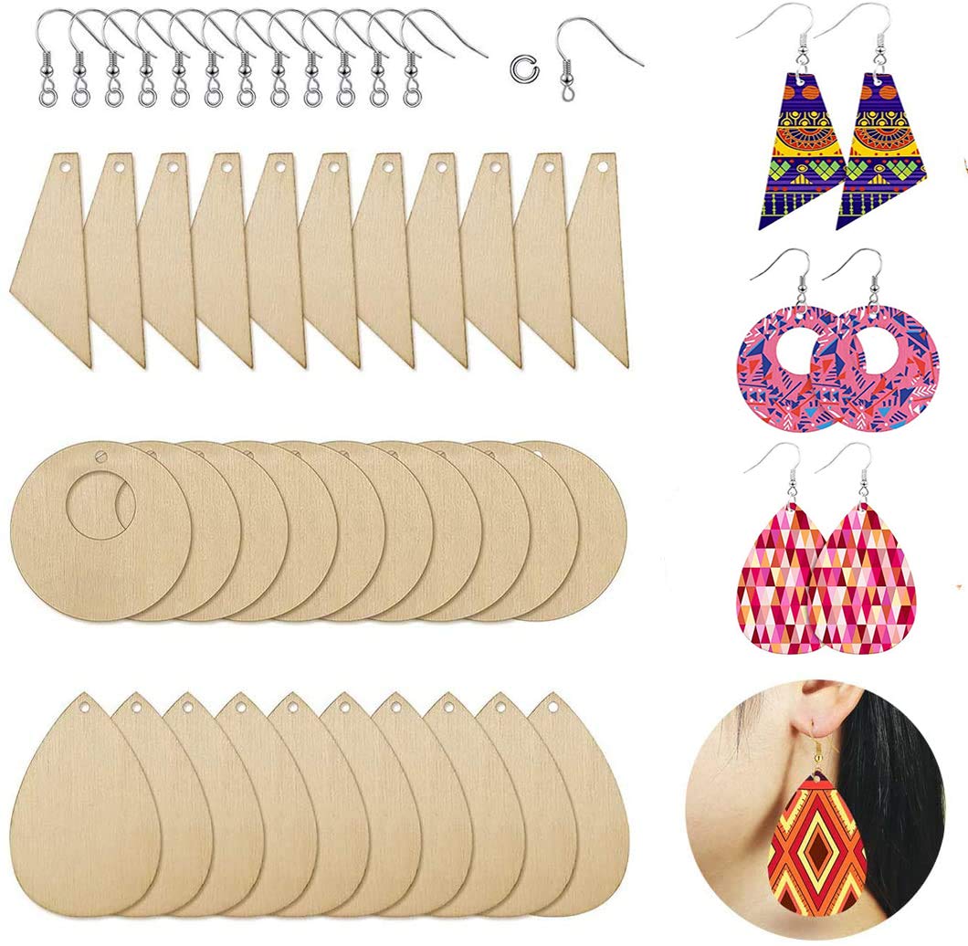 FineInno 60 Pc Wooden Jewellery Making Kits Unfinished Wood Earring Blank with A Hole,with Earring Hooks and Jump Rings for Jewelry DIY Making (Unfinished Wood)