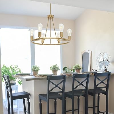Buy Bonlicht Modern 6 Light Farmhouse Chandelier Wagon Wheel Brushed Brass Dining Room Light Fixture Hanging Round Kitchen Island Pendant Lighting Industrial Gold Metal Ceiling Light For Foyer Bedroom Online In Indonesia