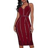 whoinshop Women's Bandage Halter V Neck Midi Cocktial Bodycon Club Party Dress