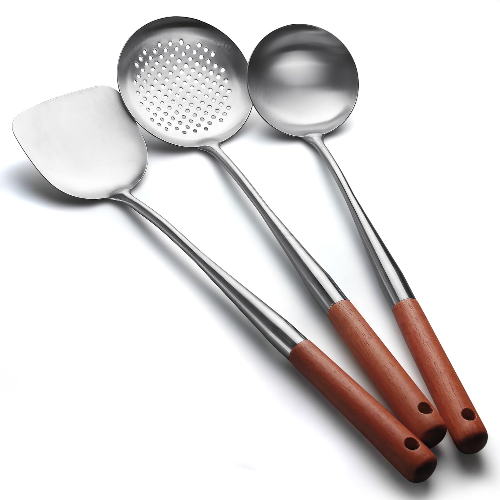 AOOSY Wok Spatula and Ladle Skimmer Spoon Kitchen Utensil Set 3-Piece Stainless Steel Cooking Utensils Dishwasher Safe for Wok Cooking