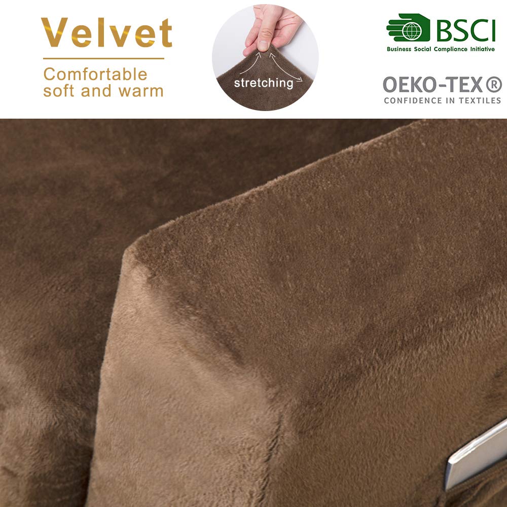 ACOMOPACK Velvet Sofa Cover Stretch Couch Cover for 2 Cushion Couch Cover Sofa Slipcover with Plastic Tuckers and Side Pocket for Living Room Furniture Protector for Dogs(Loveseat, Coffee)