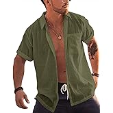 Bbalizko Mens Short Sleeve Button Up Shirts Linen Cotton Beach Tops Spread Collar Plain Summer T Shirt with Pocket
