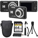 Kodak PIXPRO FZ55 Digital Camera, 16MP Compact Point &amp; Shoot, 5X Optical Zoom, 28mm Wide Angle Lens, 1080P HD Video, Black + 64GB SD Card, Case, Selfie Stick, Mini Tripod &amp; USB Card Reader