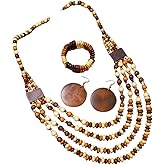 DATOA Vintage Colorful Wood Beaded Choker Necklace Bracelet Set Bohemian Geometric Dangle Earrings Ethnic Style Costume Jewelry for Women