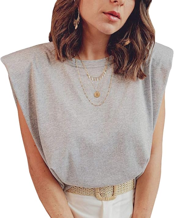 Amazon レディース クルーネック 肩パット ノースリーブ グレー オフィスカジュアル Ol インフィニ Tシャツ カットソー 通販