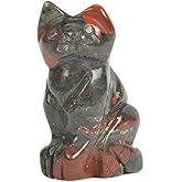 Justinstones African Bloodstone Cat Guardian Statue Home Decor Reiki Chakra Healing Crystal Desk Gemstone Decoration Stone Crafts Gemstone Collectible Gift 2 inch