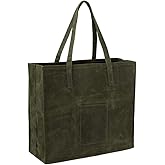 Kaaltisy Waxed Canvas Grocery Bag Eco-friendly Reusable Shopping Bag with Pocket Stylish Market Tote Bag Waterproof Waxed Canvas Beach Bag, Wide, Soft Handfeel