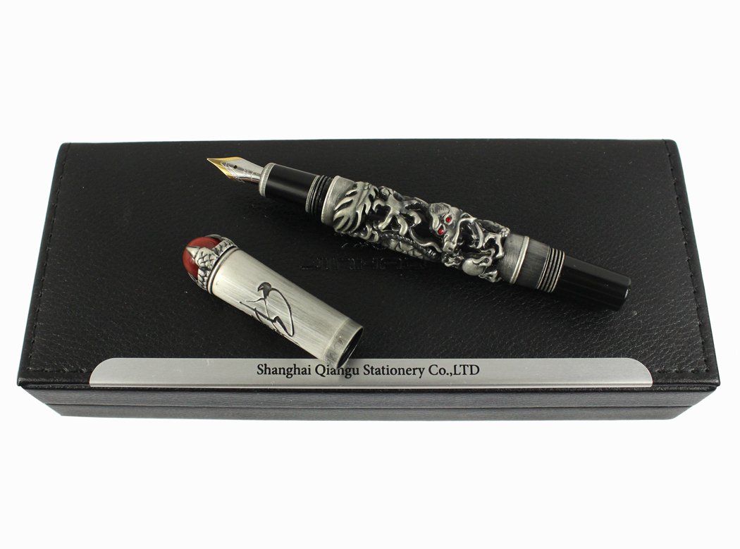 Jinhao Luxury Ancient Chinese Ming Dynasty Emperor Style Dragon Play Red Jade Pearl Fountain Pen with Gift Box, Black