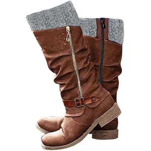 GHTYDD Women's Fall 2026 Wide Calf Knee High Boots Winter Snow Booties with Side Zipper Ruched Knitted Cuff Low Heel Round To
