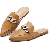 EasySmile Metal Chain Decor Flat Mules for Women Closed Pointed Toe Slip on Loafers Slides Backless Mules Shoes