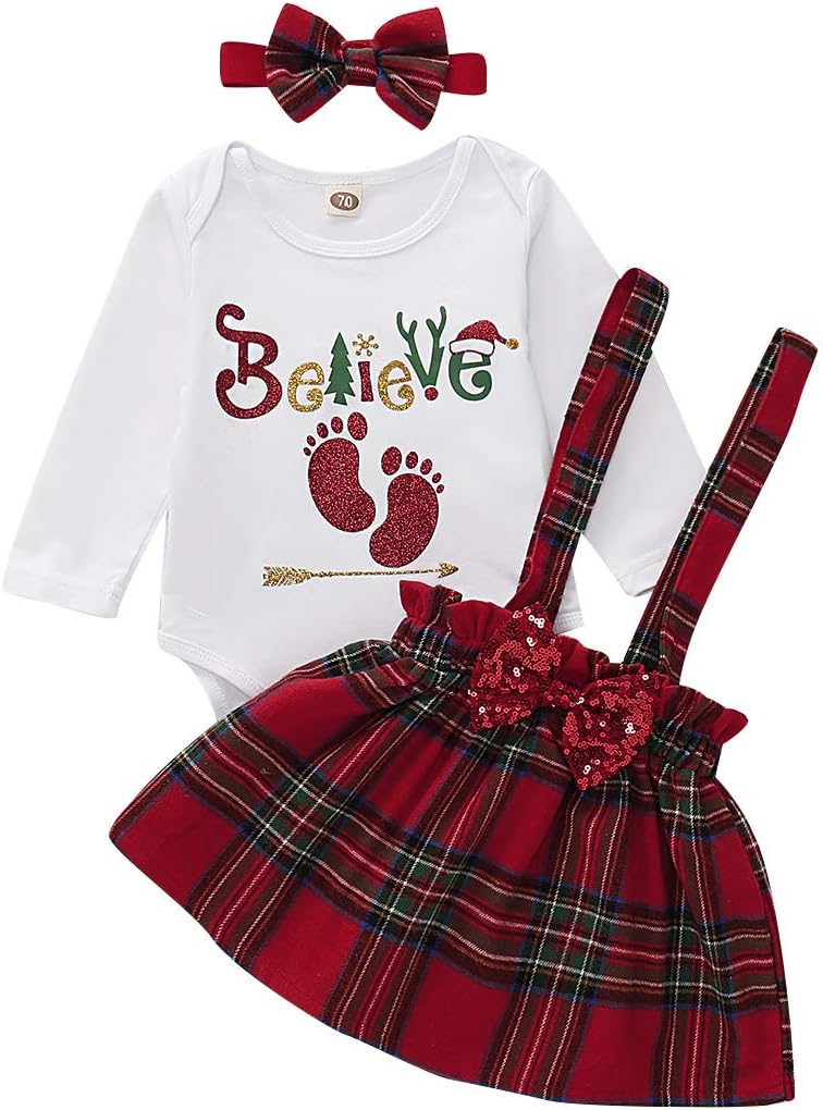Newborn Baby Girl Christmas Outfits Long Sleeve Romper Plaid Overalls Headband 3Pcs Outfit Xmas Dress (Red, 3-6M)
