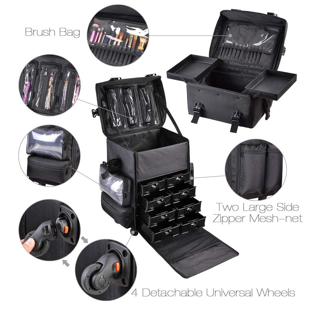 AW Classic Black 2in1 Soft Sided Rolling Makeup Case Freelance Makeup Artist Cosmetic Organize Storage Travel Train Case