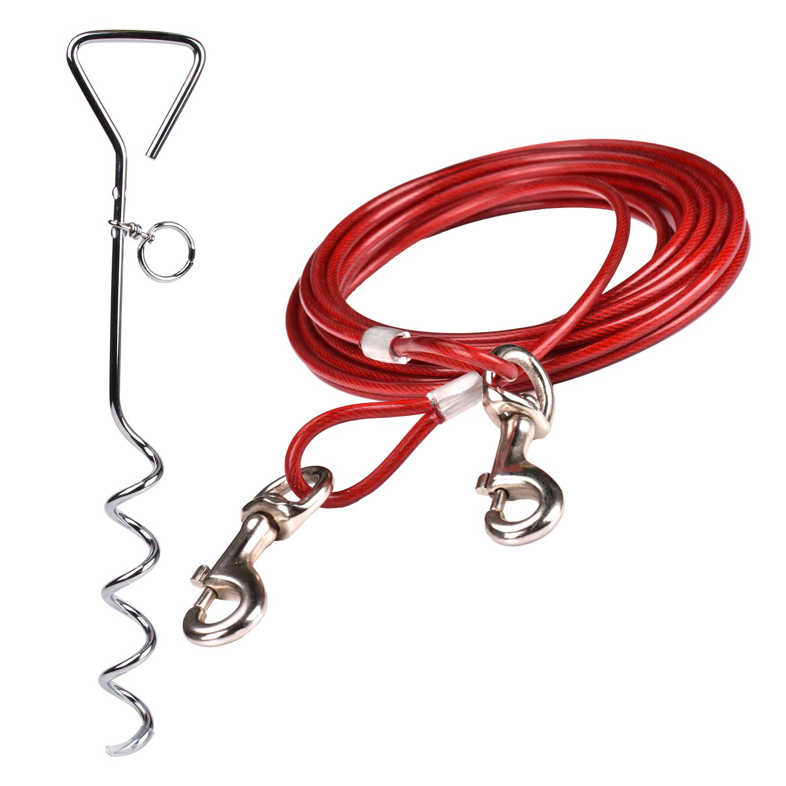10ft(3M) Dog Tie Out Cable with 18" Spiral Ground Stake Spike - Out for Outdoor Yard and Camping - Small to Medium Dogs (Red, 10ft(3M) cable, 18" stake)