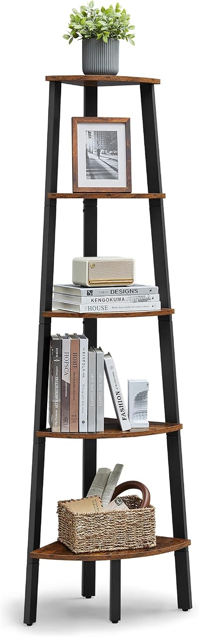 VASAGLE Corner Bookcase 5 Tier Ladder Shelf Industrial Rustic Brown Black LLS35X