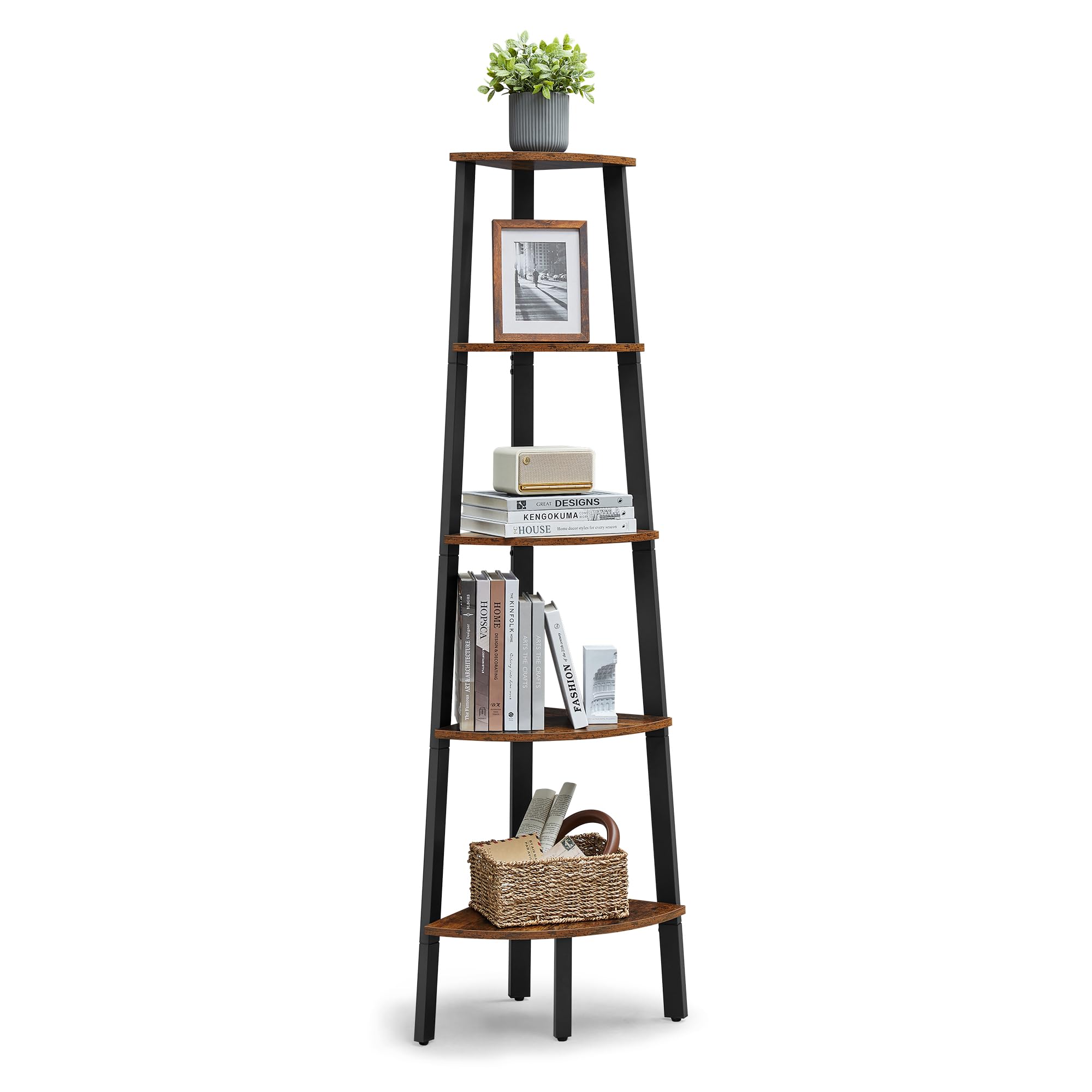 VASAGLE Corner Shelf, 5-Tier Corner Bookshelf, Storage Shelving Unit, Plant Stand for Living Room, Industrial Accent Furniture with Steel Frame, Rustic Brown and Black ULLS35X