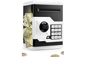 Playsheek Piggy Bank for Girls Boys Large Electronic Money Coin Banks with Password Protection, Automatic Paper Money Scroll Saving Box, Great Gift for Kids(Black-White)