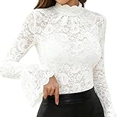 Novaorily Womens Spring Fall Fashion Casual Mock Neck Long Sleeve Sheer Lace Shirt, Sexy Work Blouse Tops