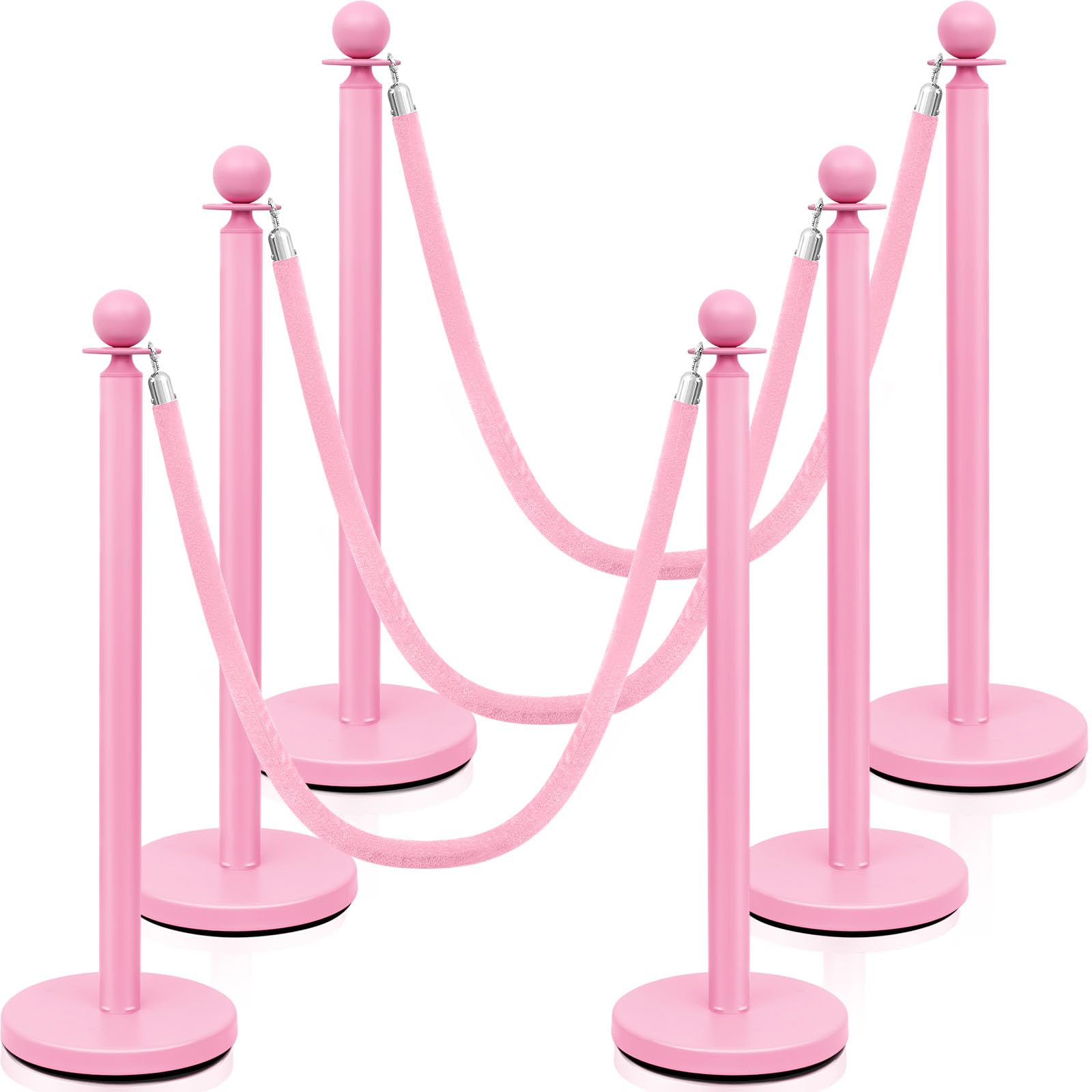 Photo 1 of Ferraycle 6 Pcs Stainless Steel Stanchions Post Queue 38 Inch, 5 ft Velvet Rope Carpet Ropes and Pole, Control Barriers for Wedding Birthday Party Decoration Sand Injection Hollow Base Set (Pink)