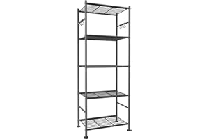 Sakugi Storage Shelves - 5-Tier Large Capacity Shelf Organizer with Hooks, Heavy-Duty Garage Shelving with Leveling Feet, Wobble-Free Rack for Bedroom, Balcony, Garage, 18.1"×12.4"×56.8", Black