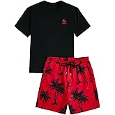 GORGLITTER Men's 2 Piece Short Sleeve Graphic Tee Hawaiian Printed Drawstring Shorts Set