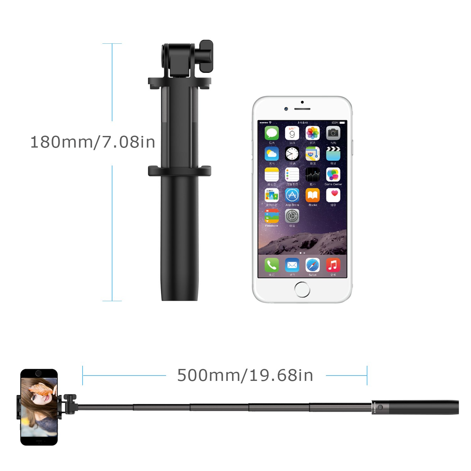 Selfie Stick,Lobkin Bluetooth Selfie Stick with Built-in Remote Shutter Extendable Aluminum Monopod for Android and iOS Smartphone