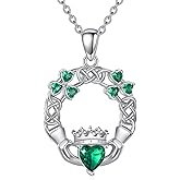 Hancock 925 Sterling Silver Claddagh Necklace for Women Shamrock Clover Green CZ Pendant with 18+2 Inch Silver Chain Love Celtic Irish Jewelry for Women