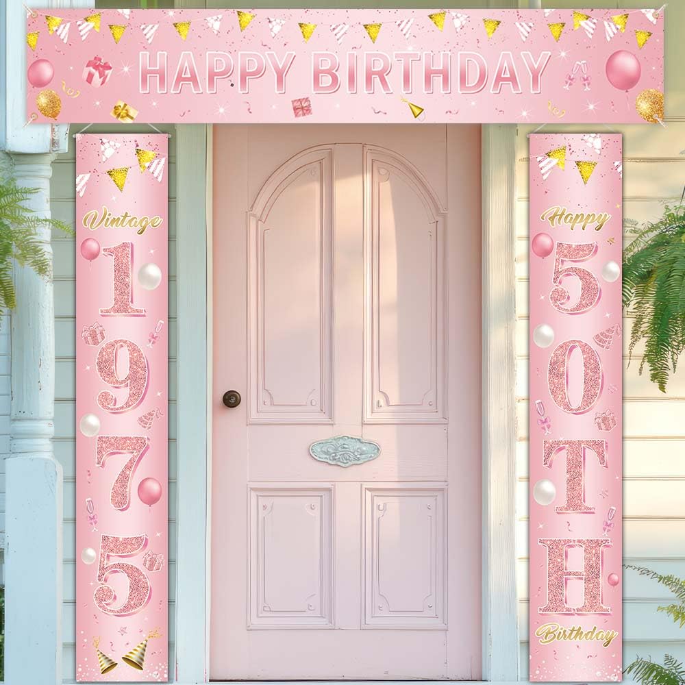 View 1 of AIBIIN 50th Birthday Party Decorations for Women, Rose Gold Vintage 1975 50th Birthday Decorations Door Banners, Fifty Years Birthday Party Supplies for Indoor Outdoor Decor