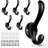 PEOIAOY 6 Pack Coat Hooks Wall Mount Heavy Duty Utility Retro Double Hooks for Hanging Coats,Hat, Towel, Key, Robe, Scarf, Bag, Cap (Black)