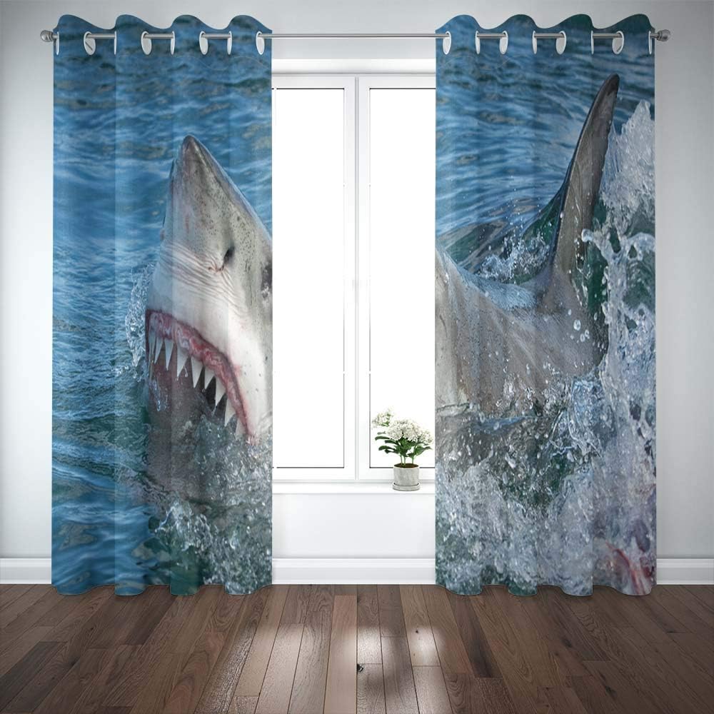 Shorping Window Curtains, Window Panels Sliding Blackout Curtains Great White Shark Carcharias Country Shower Curtain for Bedroom 52X63 Inches,2 Pc