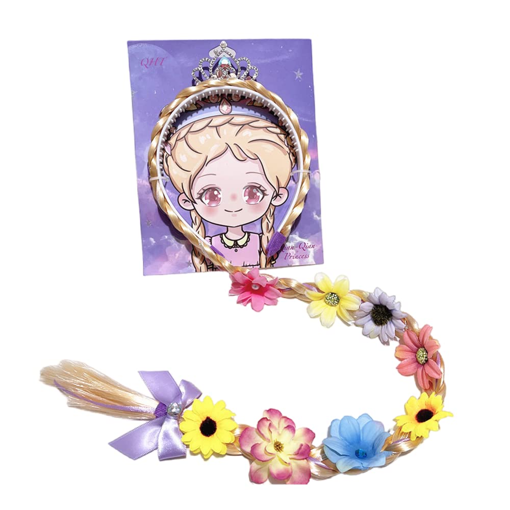 ISABELLA MOON Kids Girls Toddlers Blue Elsa Ponytail Hair Extension Party Hair clips Snowflake Crown Headband Hairband Costume Dress up Braided Wigs (Rapunzel crown headband)