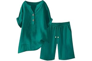 GENERIC Women Linen Set 2 Piece Summer Outfits Plus Size Short Sleeve Shirt and Bermuda Shorts Lounge Set Casual Matching Set