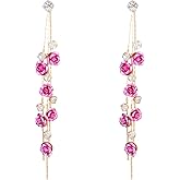 Elegant Long Rose Dangle Earrings for Women Gold Threader with Pink Floral Buds Crystal Bead Details Statement Fashion Jewelry for Wedding Party