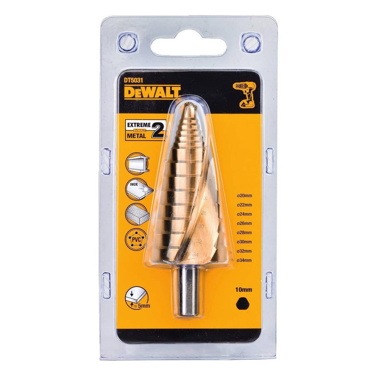 DEWALT 20-34mm Step Drill Bit Set, 1 Count, Titanium, 2 Flutes, 118° Cutting Angle, Gold, DT5031-QZ
