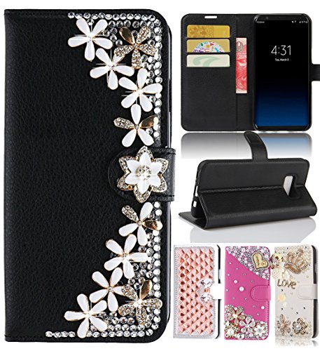 Galaxy S8 Plus Case , S8+ Wallet Case , Best Share Luxury Bling Diamond PU Leather Flip Card Slot Stand View Wallet Case Soft Bummper Full Cover For Samsung Galaxy S8 Plus 2017 , Black Flowers