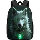 DOINBEE Wolf Backpack for Boys Kids, Cool White Wolf with Green Eyes School Bookbag for Kindergarten Elementary Middle High Students, Waterproof Cartoon Animal Backpacks Laptop Bags 17"